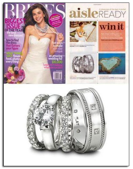 Platinum wedding bands and engagement ring featured in Brides.