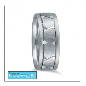 Hammered white gold wedding band as featured on a leading bridal website.