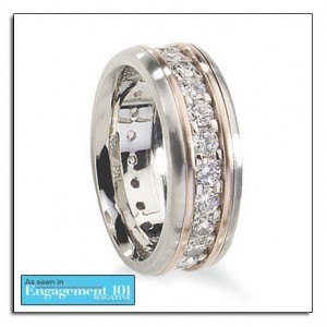 Palladium wedding band with pink gold and diamonds.