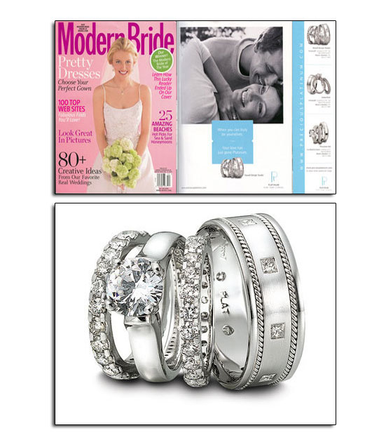 Platinum wedding bands and engagement ring in Modern Bride