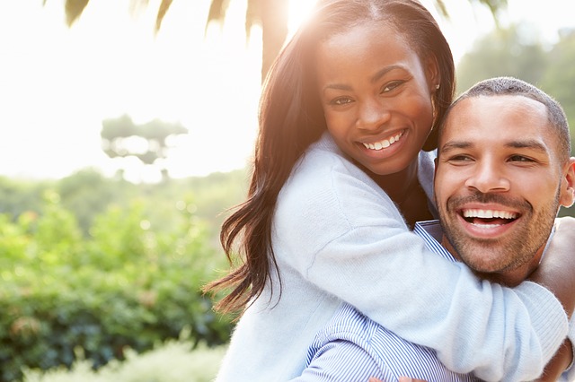 Wedding venue with smiling couple